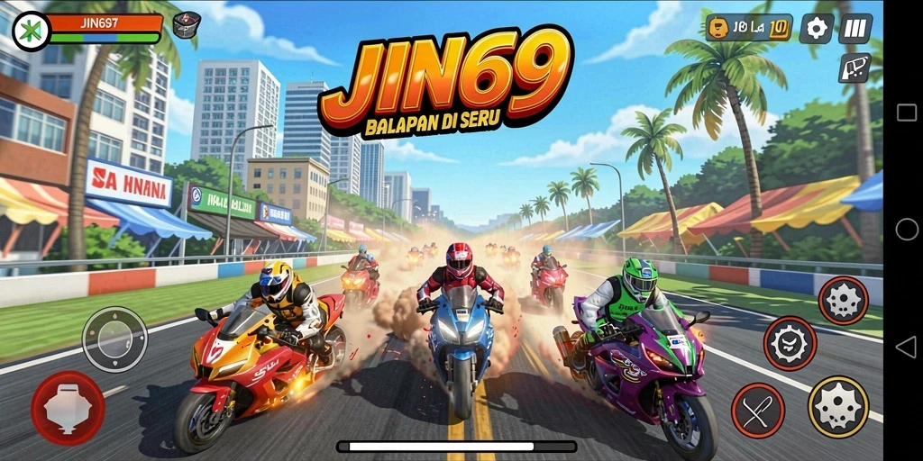 Screenshot JIN69 menampilkan balapan mendebarkan di trek perkotaan.