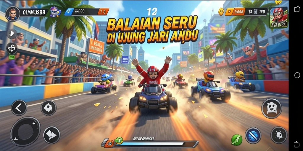 Gameplay seru OLYMPUS88 dengan mobil balap cepat dan trek menantang.