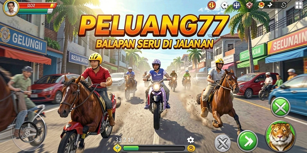 Screenshot gameplay PELUANG77 dengan balapan mendebarkan di jalanan.